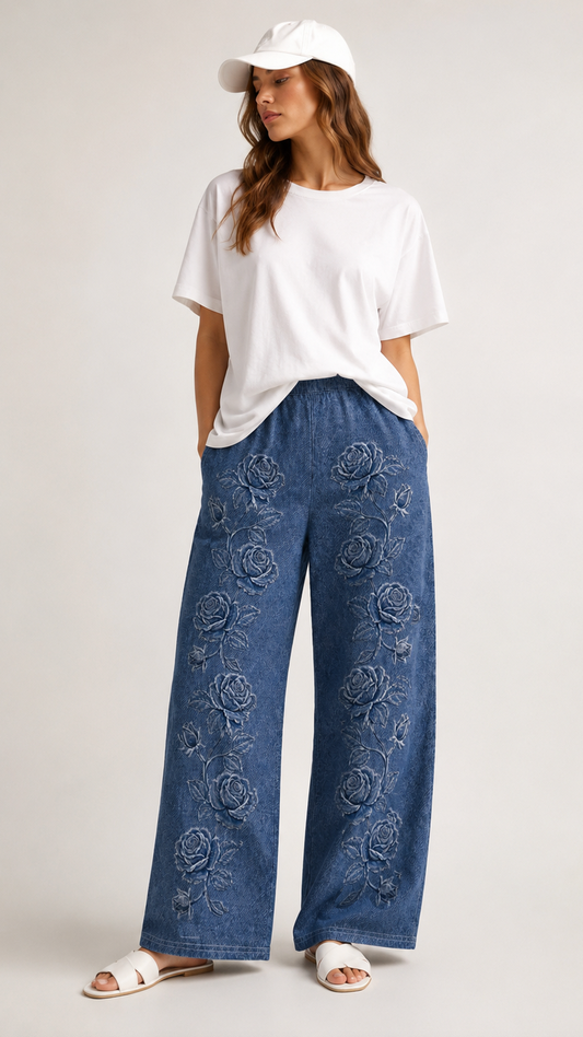 Printed Denim Unisex Wide-Leg Pants